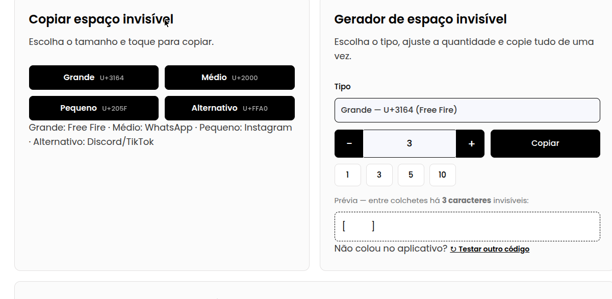Ferramenta caractere invisível (ㅤ) para copiar e colar — botões de copiar, gerador e detector