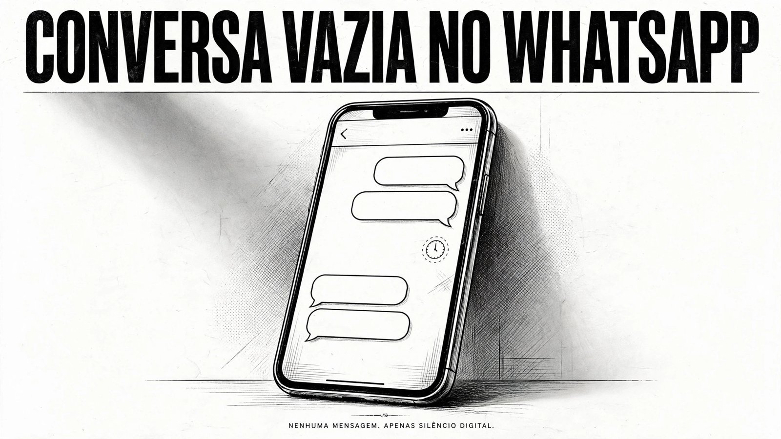 Ilustração editorial em preto e branco sobre conversa vazia no WhatsApp e mensagens temporárias